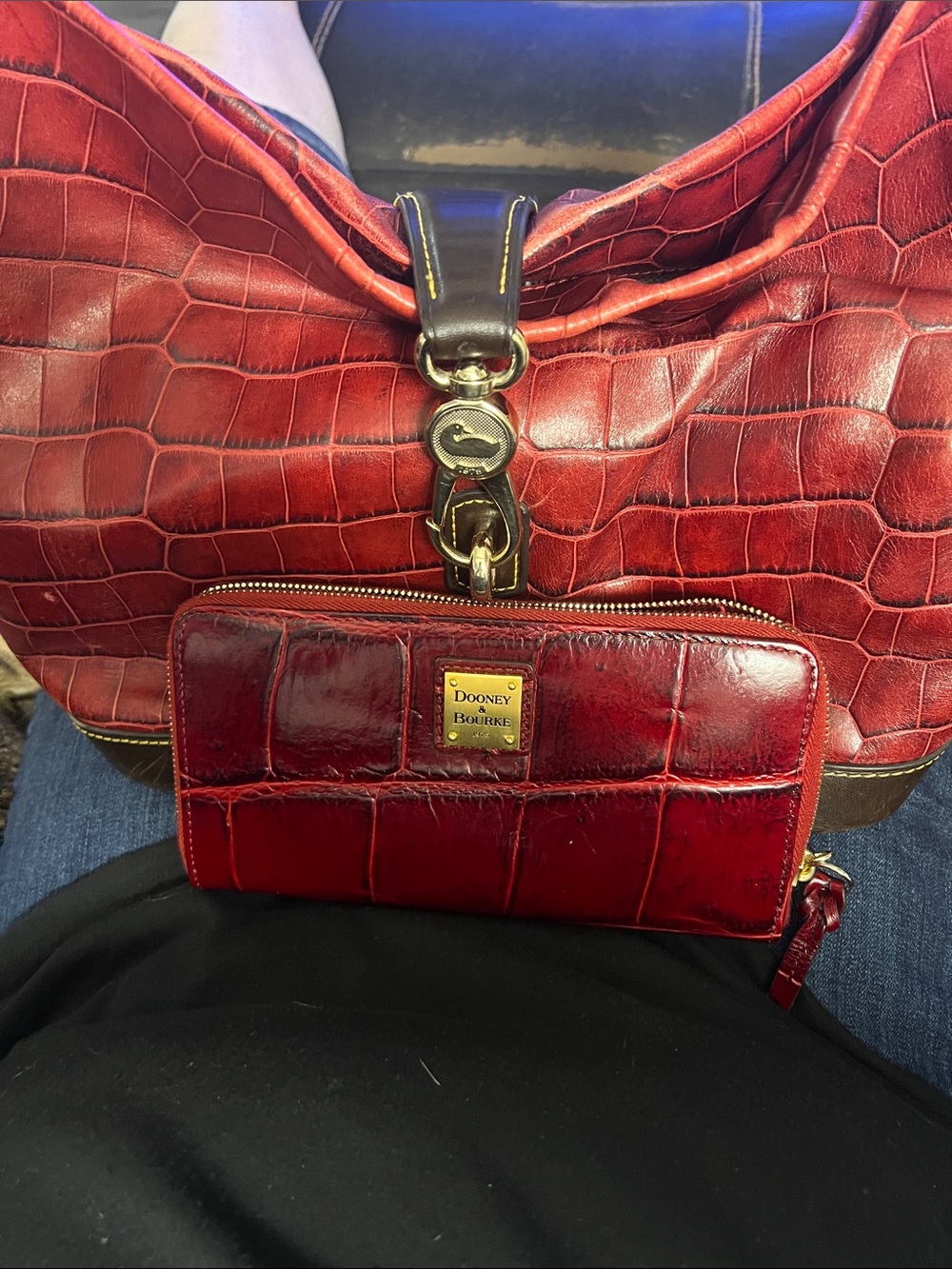 Dooney & Bourke Red Croc-Embossed Zip Wallet with Gold Plaque